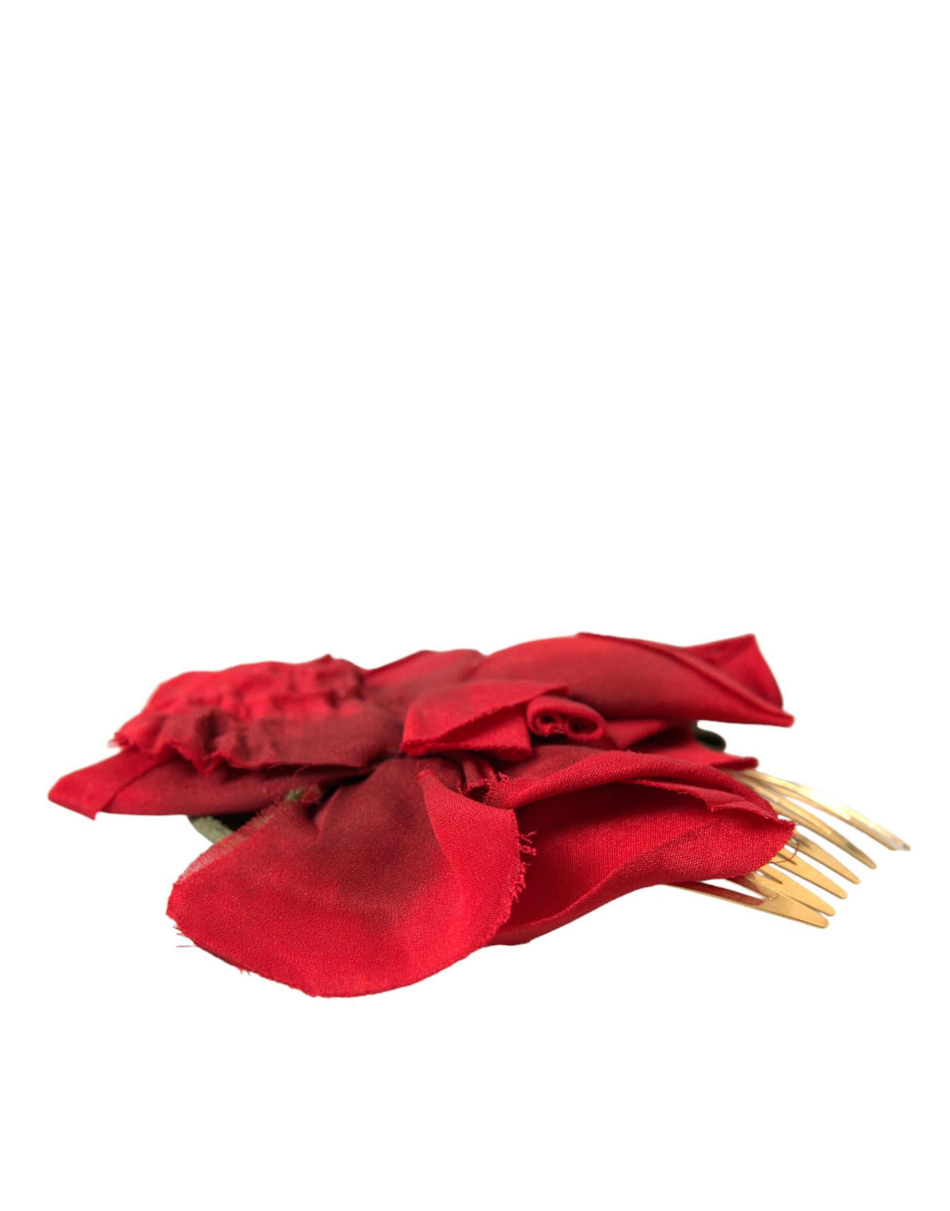 Red Silk Floral Gold Brass Women Hair Comb