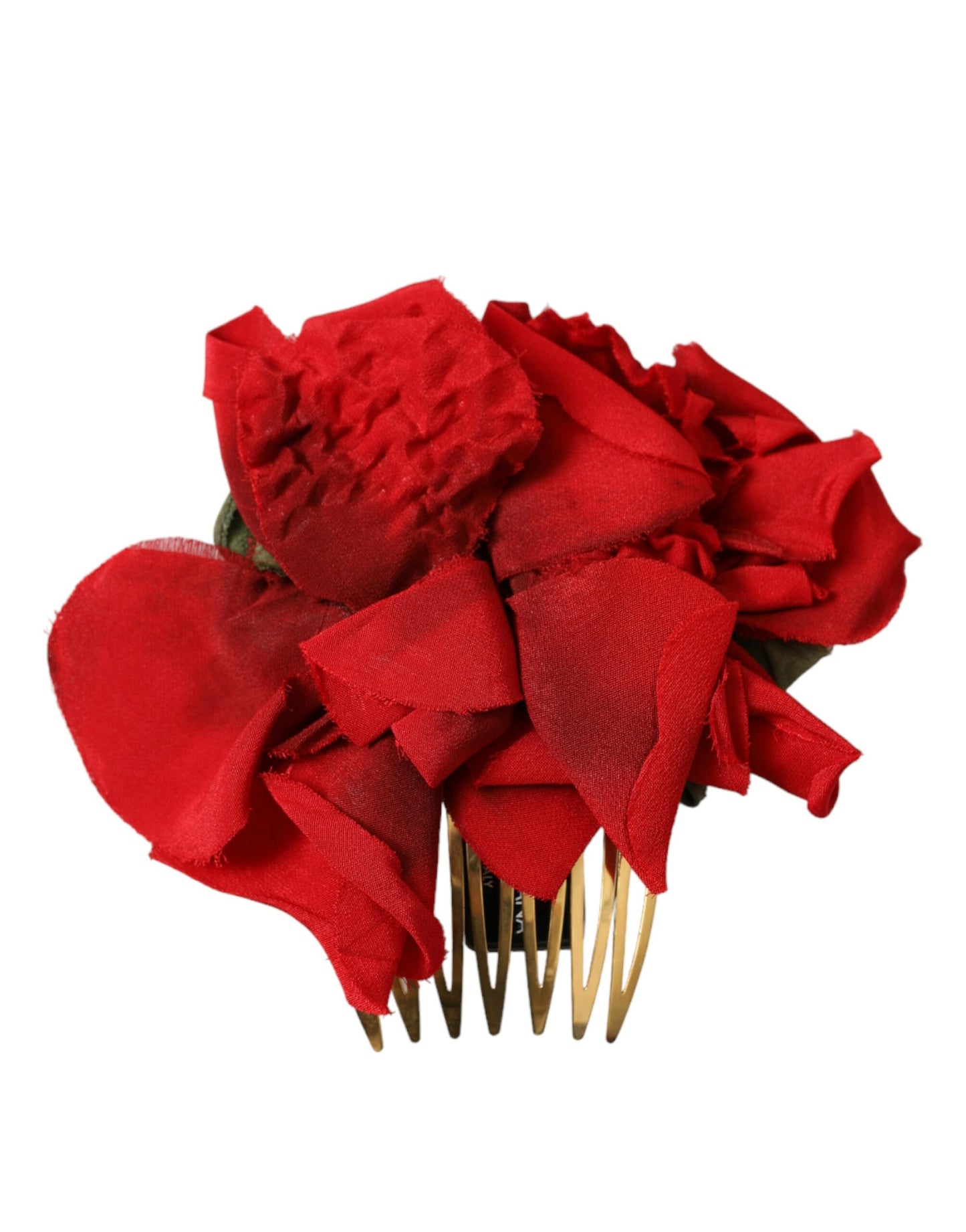 Red Silk Floral Gold Brass Women Hair Comb