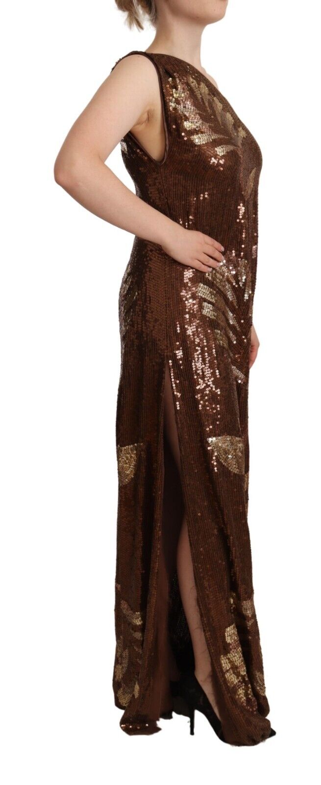 Brown Leaf Sequined Shift One Shoulder Long Dress