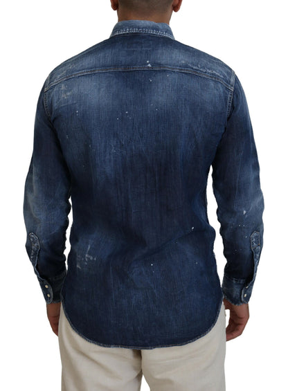 Blue Washed Collared Men Casual Long Sleeves Shirt