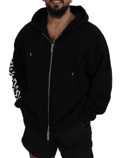 Black Hooded Full Zip Printed Sleeves Sweater