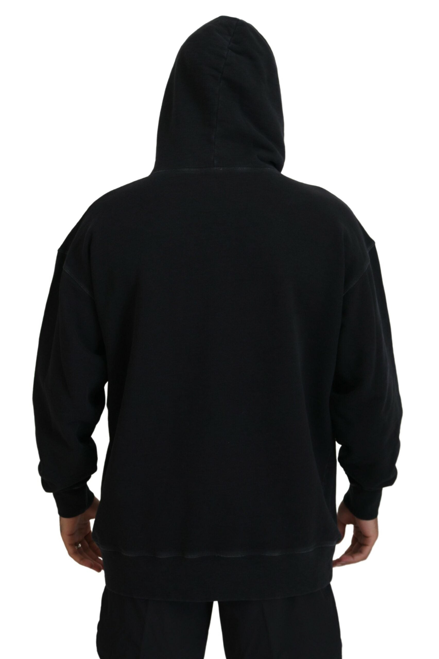 Black Cotton Hooded Printed Men Pullover Sweater