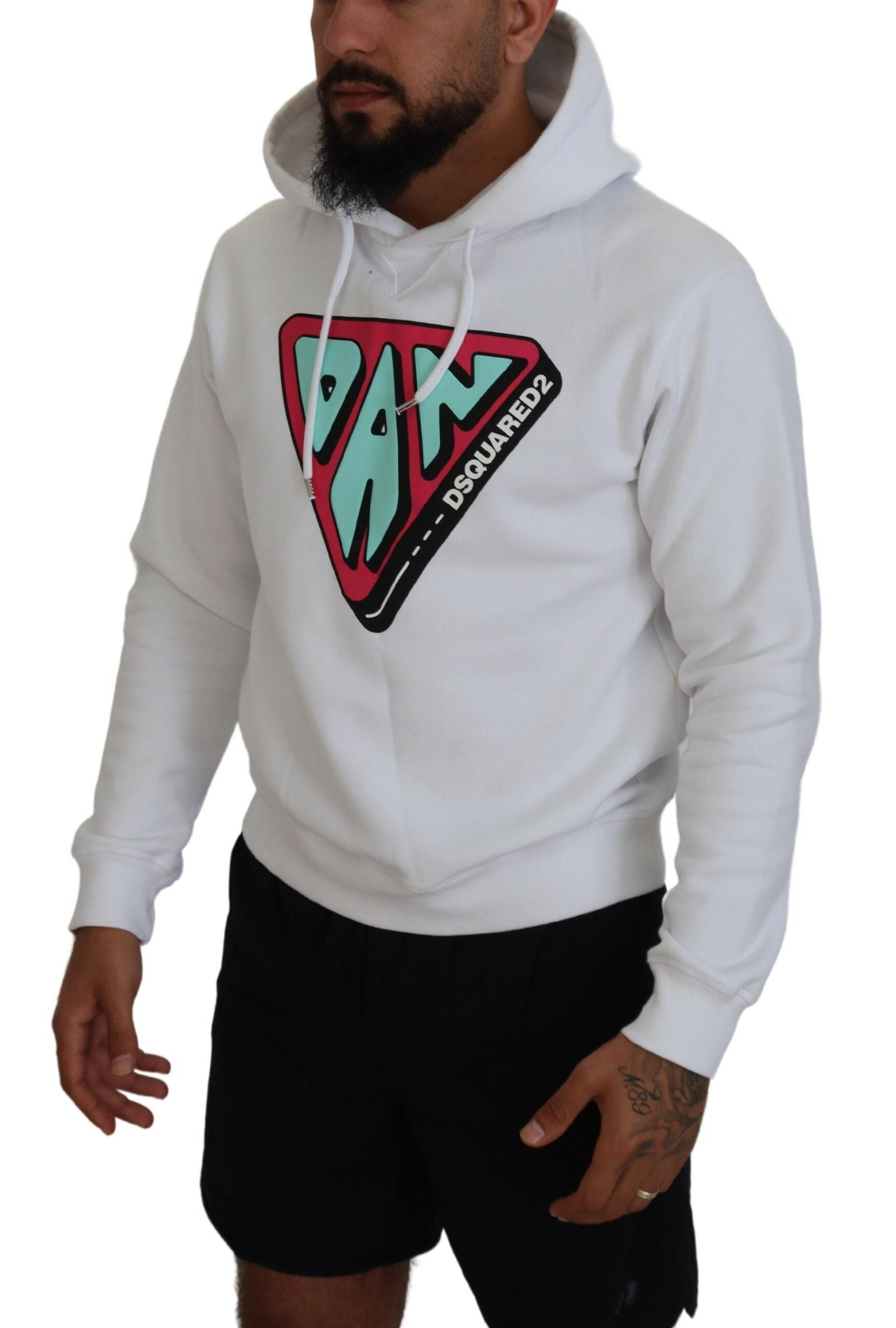 White Cotton Hooded Printed Pullover Sweater