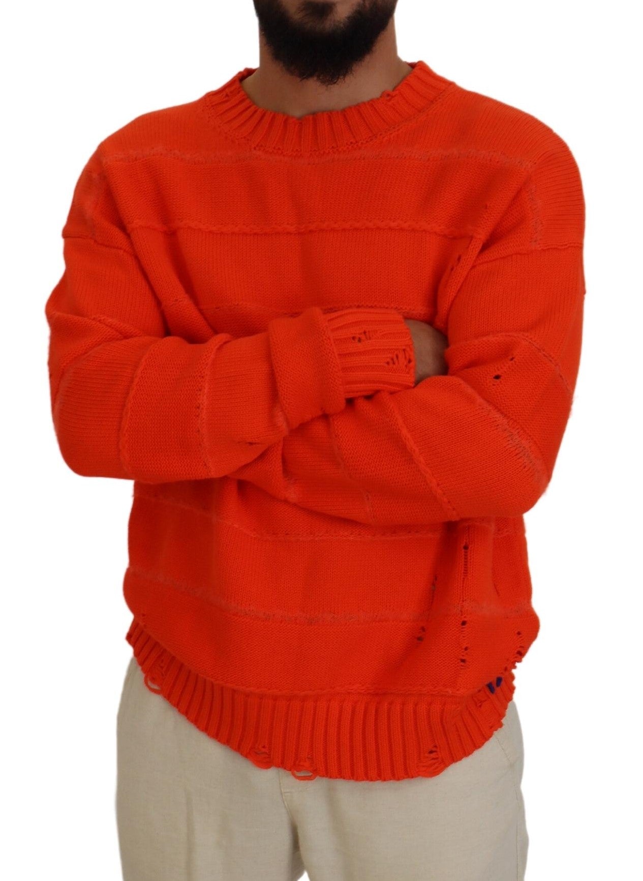 Orange Cotton Long Sleeves Men Pullover Sweater