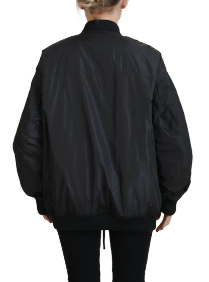 Black Logo Print Full Zip Women Bomber Jacket