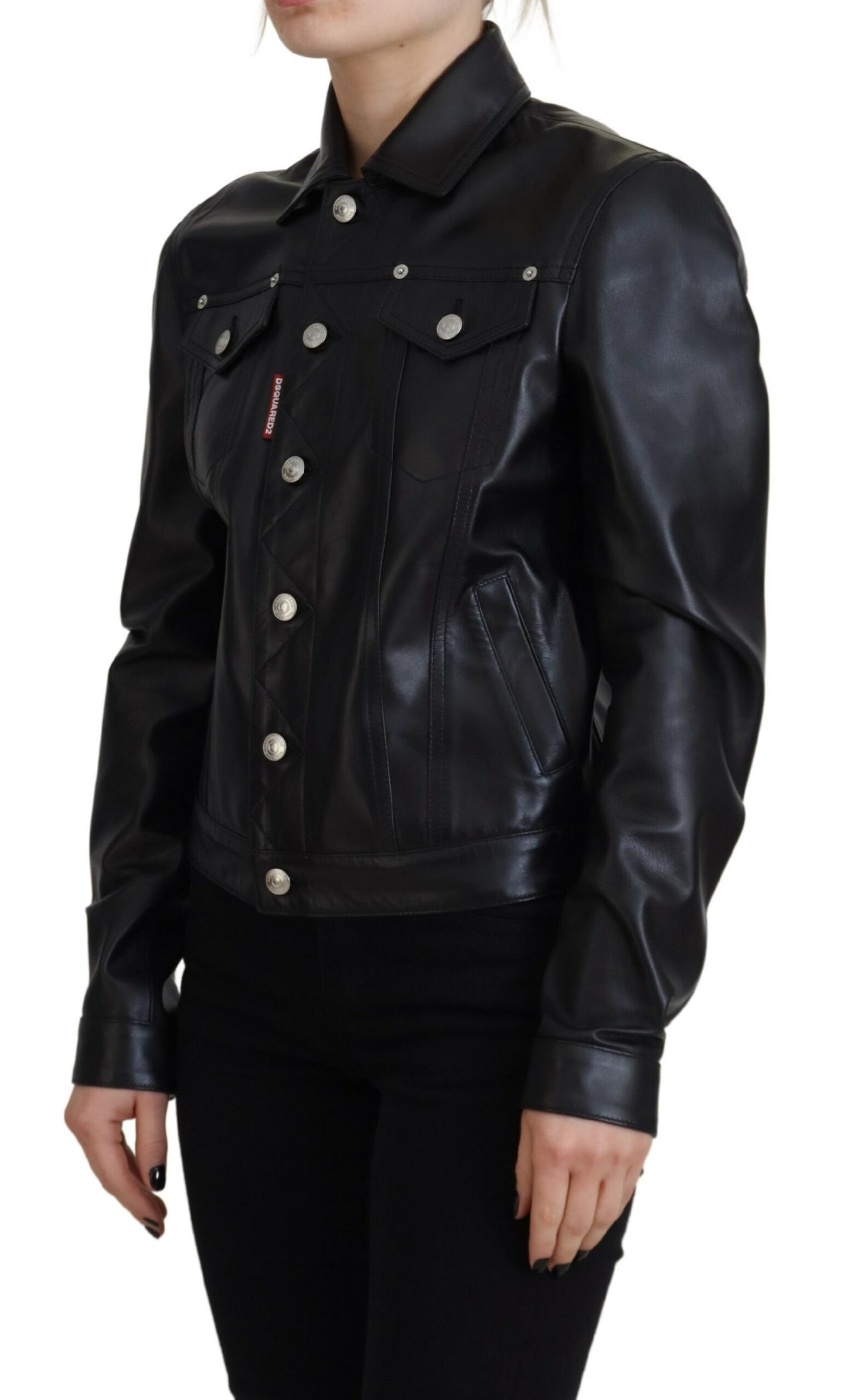 Black Leather Collared Long Sleeves Jacket