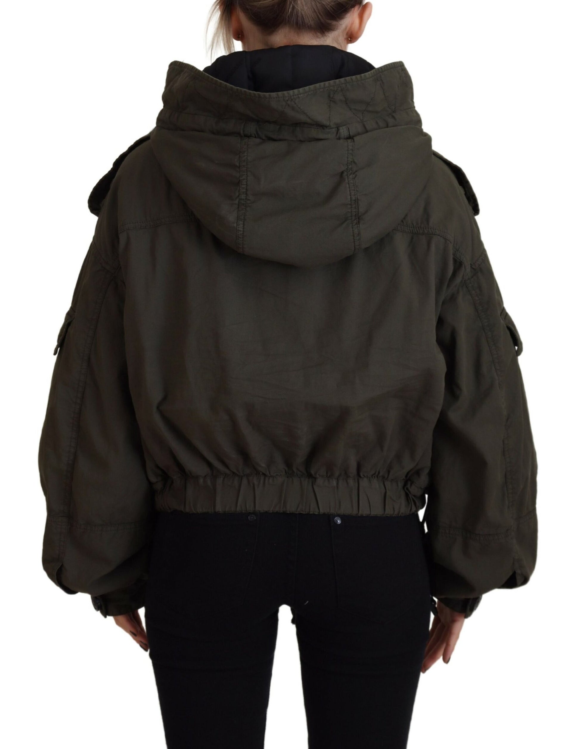 Green Cotton Hooded Cargo Button Jacket