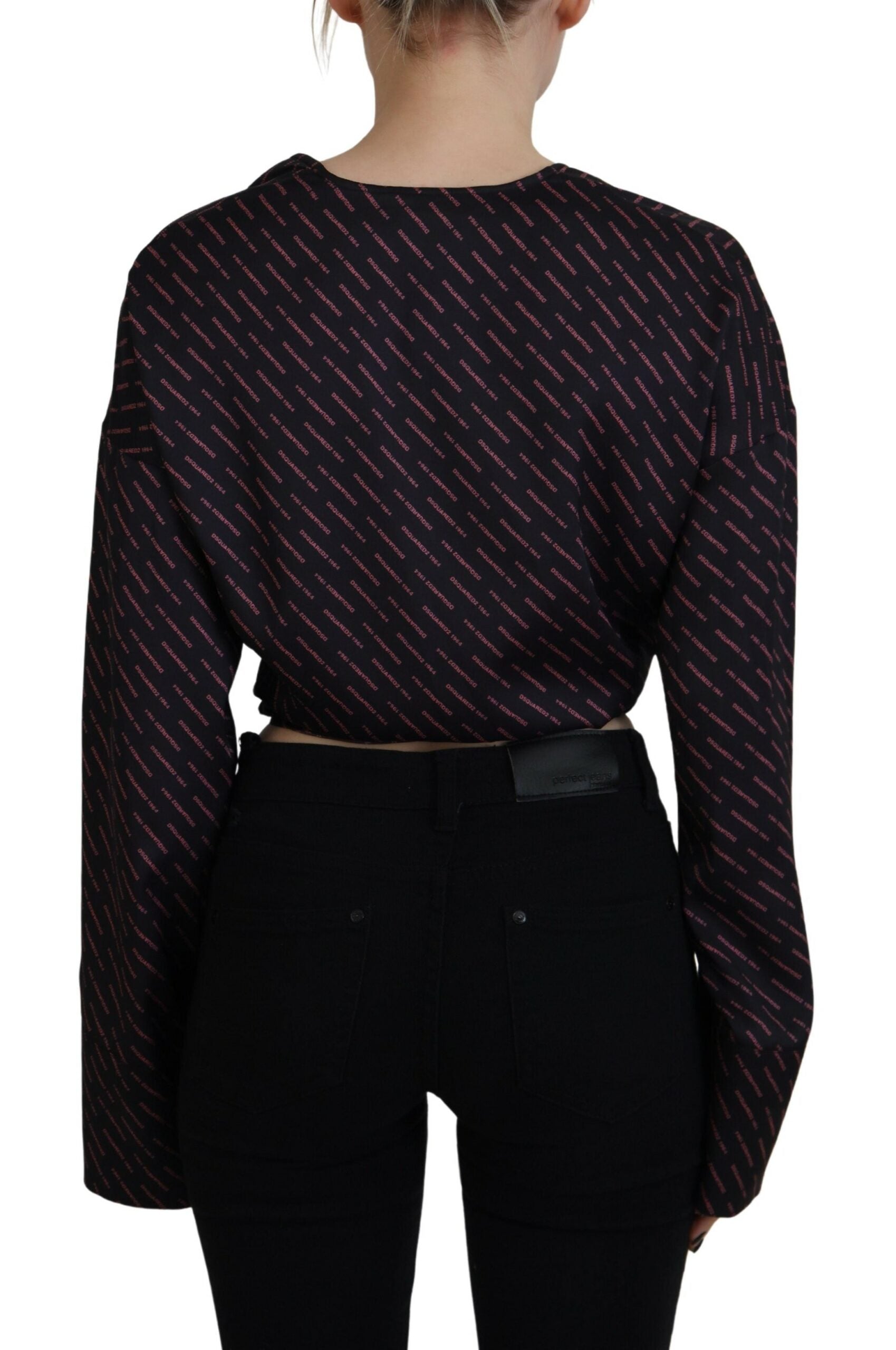 Black Polyester Cropped Logo Printed Blouse Top