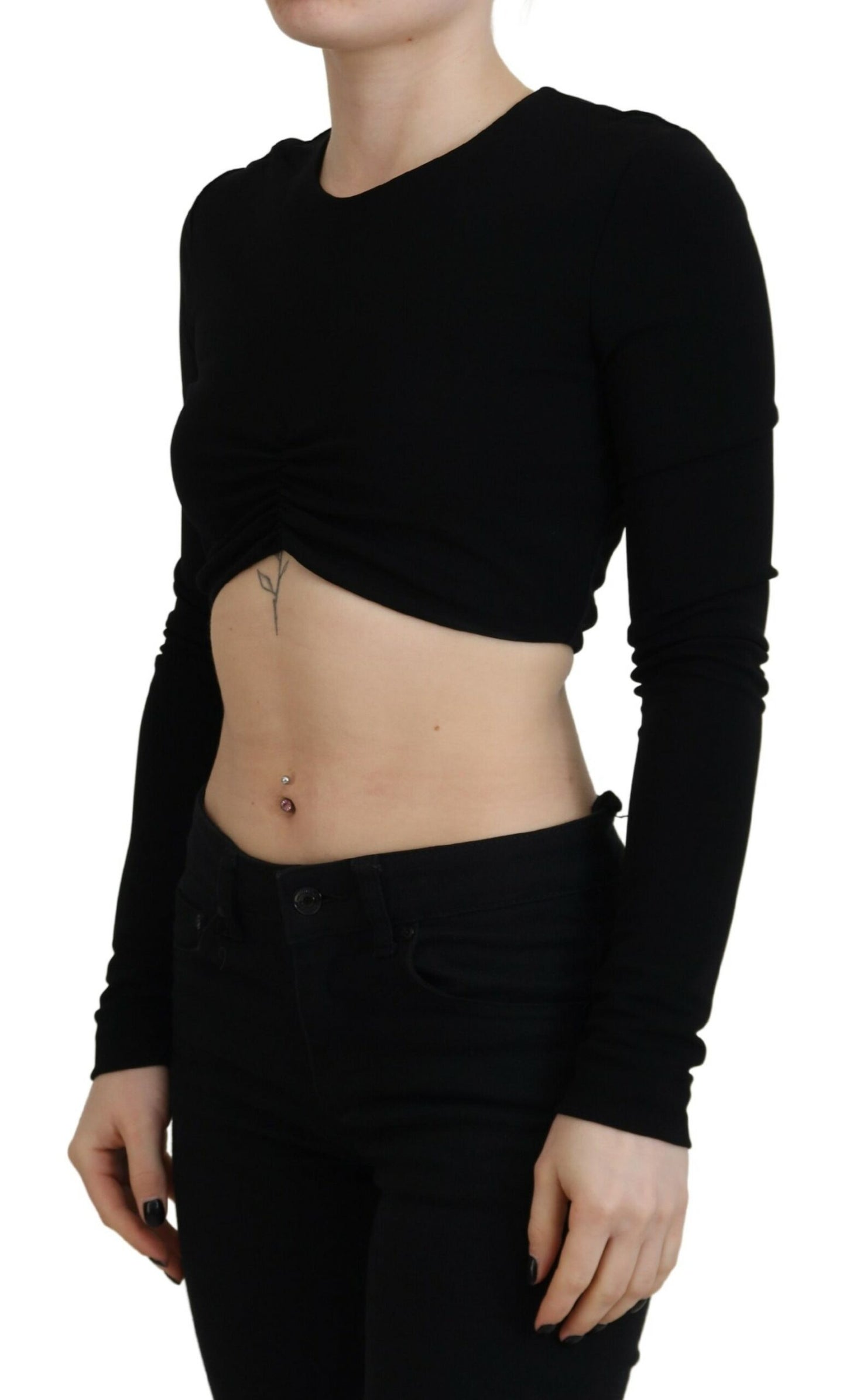 Black Viscose Cropped Round Neck Long Sleeves Top