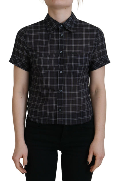 Black Checkered Collared Button Short Sleeves Top