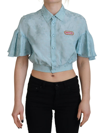 Blue Collared Button Down Short Sleeve Cropped Top