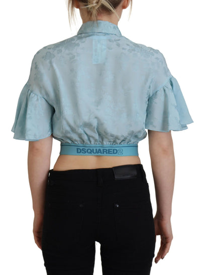 Blue Collared Button Down Short Sleeve Cropped Top