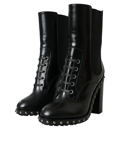 Black Leather Studded Lace Up Boots Shoes