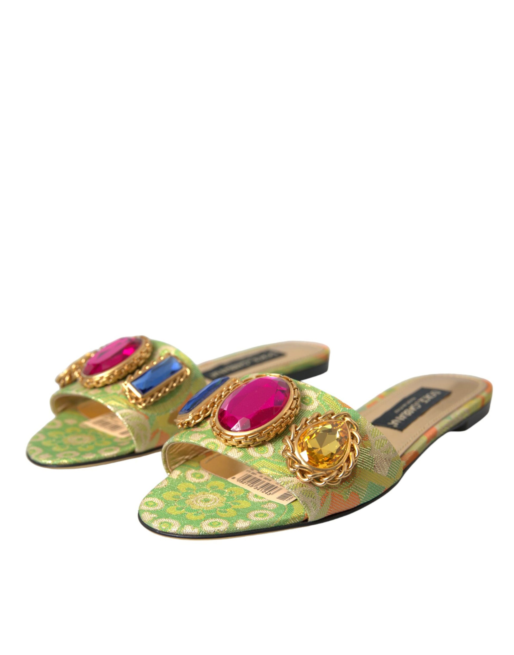 Green Crystal Jacquard Flats Sandals Shoes