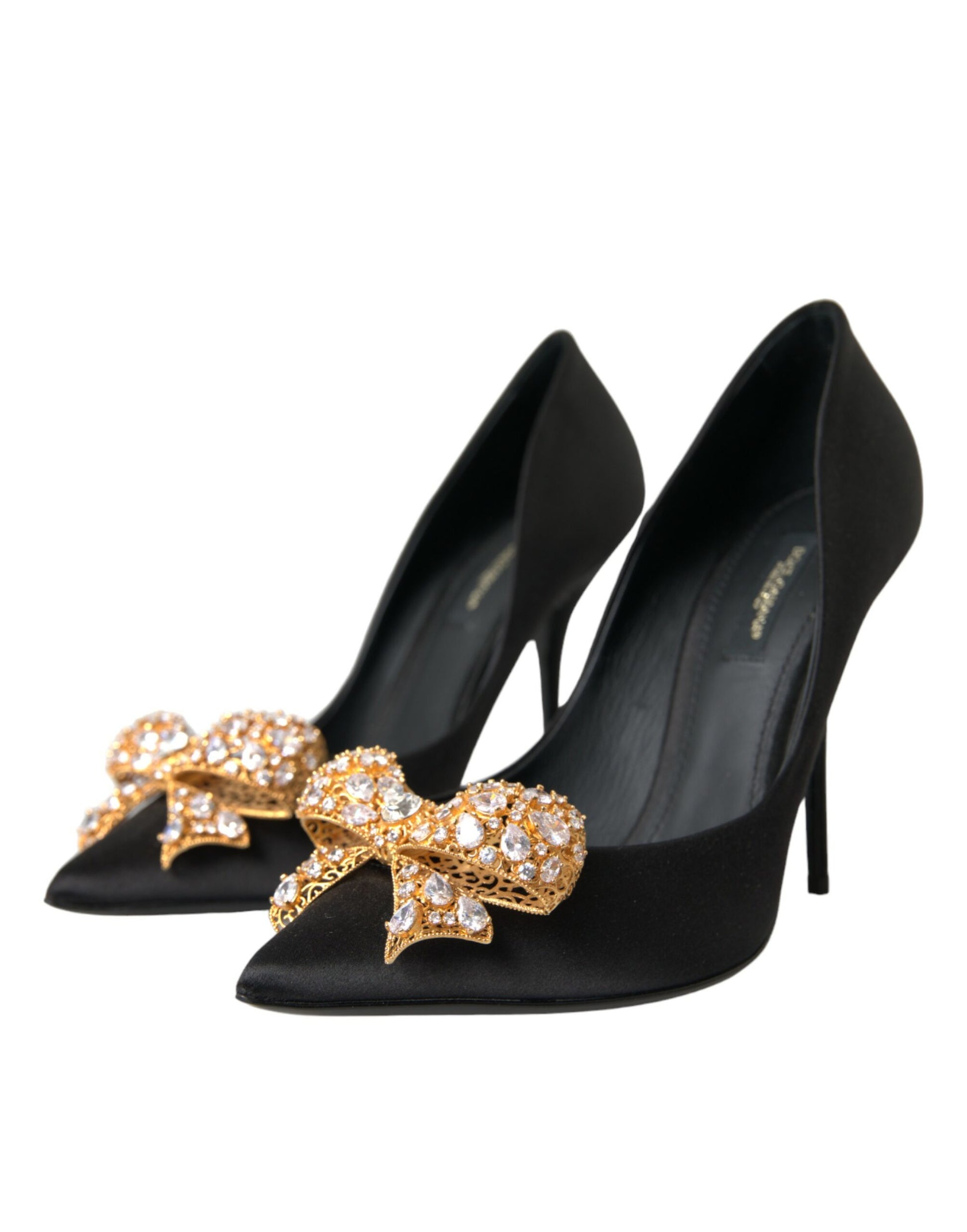 Black Satin Bow Crystal Heels Pumps Shoes