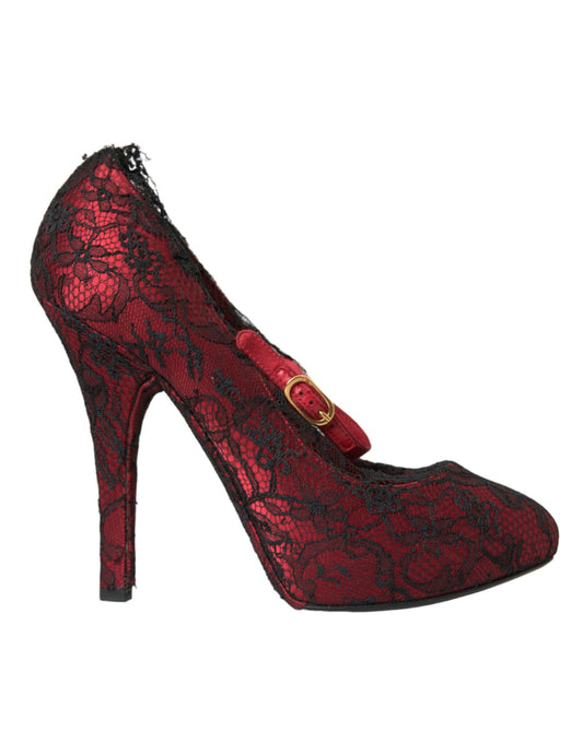 Red Black Floral Lace Mary Jane Pumps Shoes