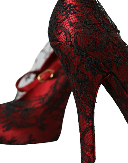 Red Black Floral Lace Mary Jane Pumps Shoes