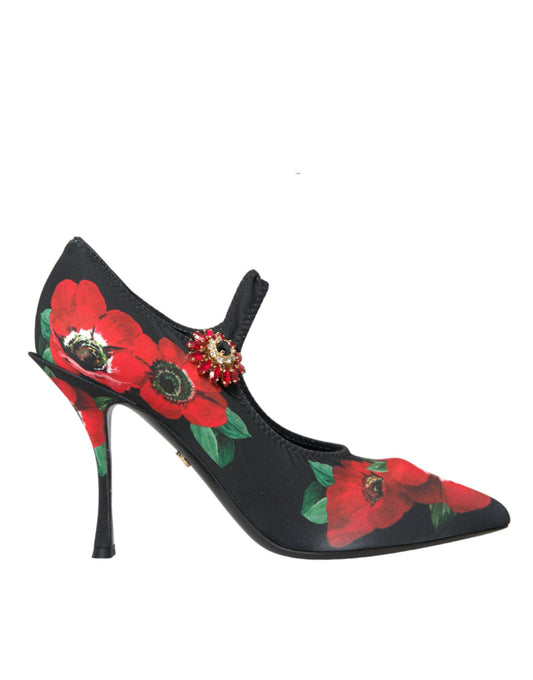 Black Floral Crystal Mary Jane Pumps Shoes