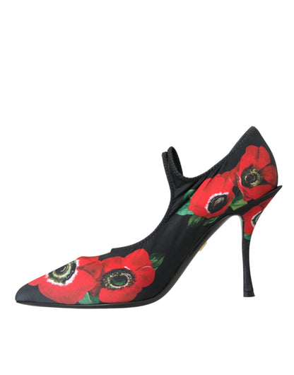 Black Floral Crystal Mary Jane Pumps Shoes