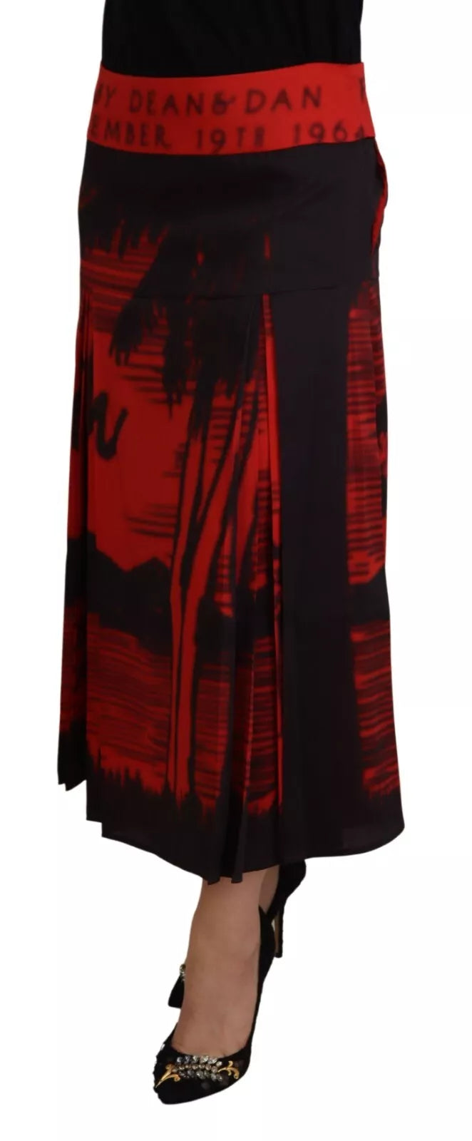 Red Printed High Waist A-line Pleated Midi Skirt