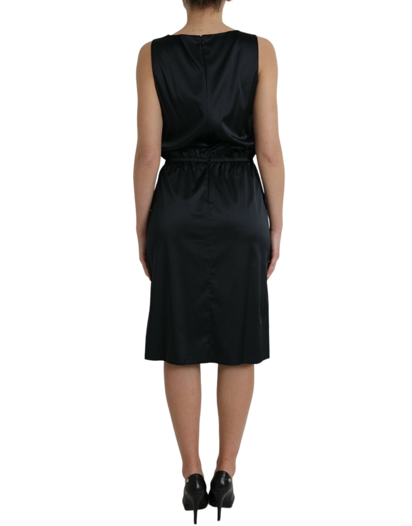 Black Polyester Lace Trim Sheath Midi Dress