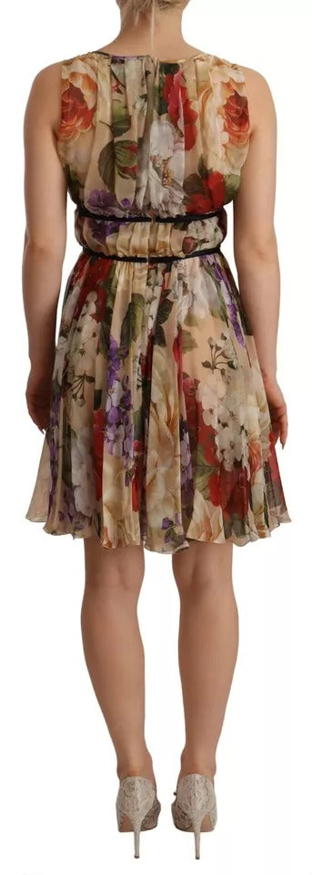 Beige Floral Sleeveless Round Neck Mini Dress