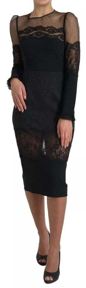 Black Sheer Floral Lace Sheath Midi Dress