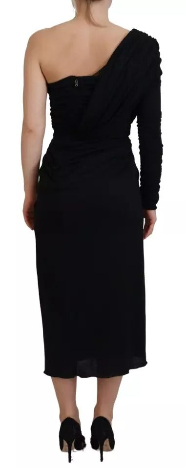 Black Wrap Sheath One Shoulder Wool Dress