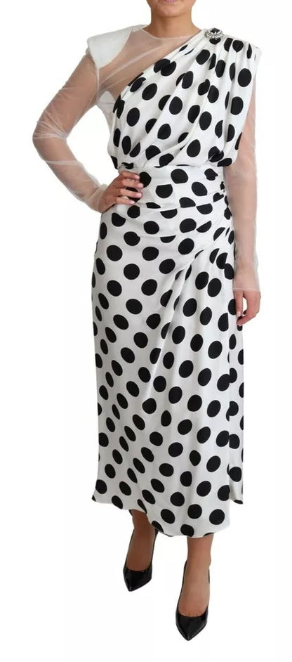 White Polka Dots Crystal One Shoulder Dress