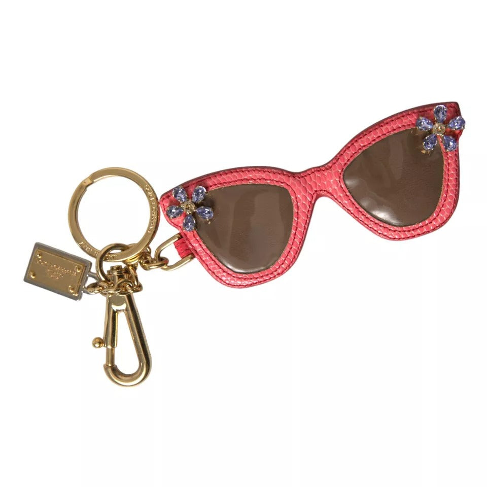 Red Leather Crystal Sunglasses Gold Metal Keyring Keychain