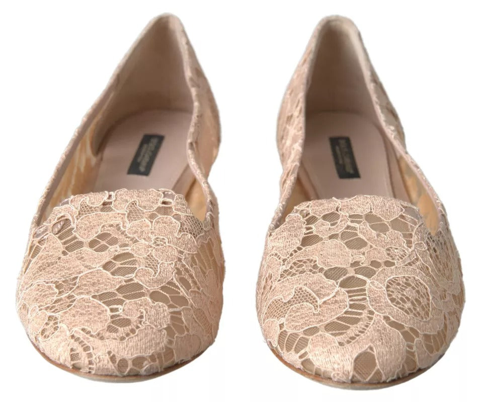 Beige Floral Lace Loafers Flats Shoes