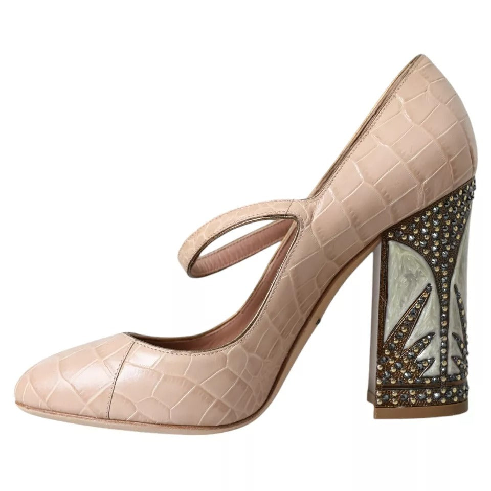 Beige Leather Mary Janes Embellished Shoes