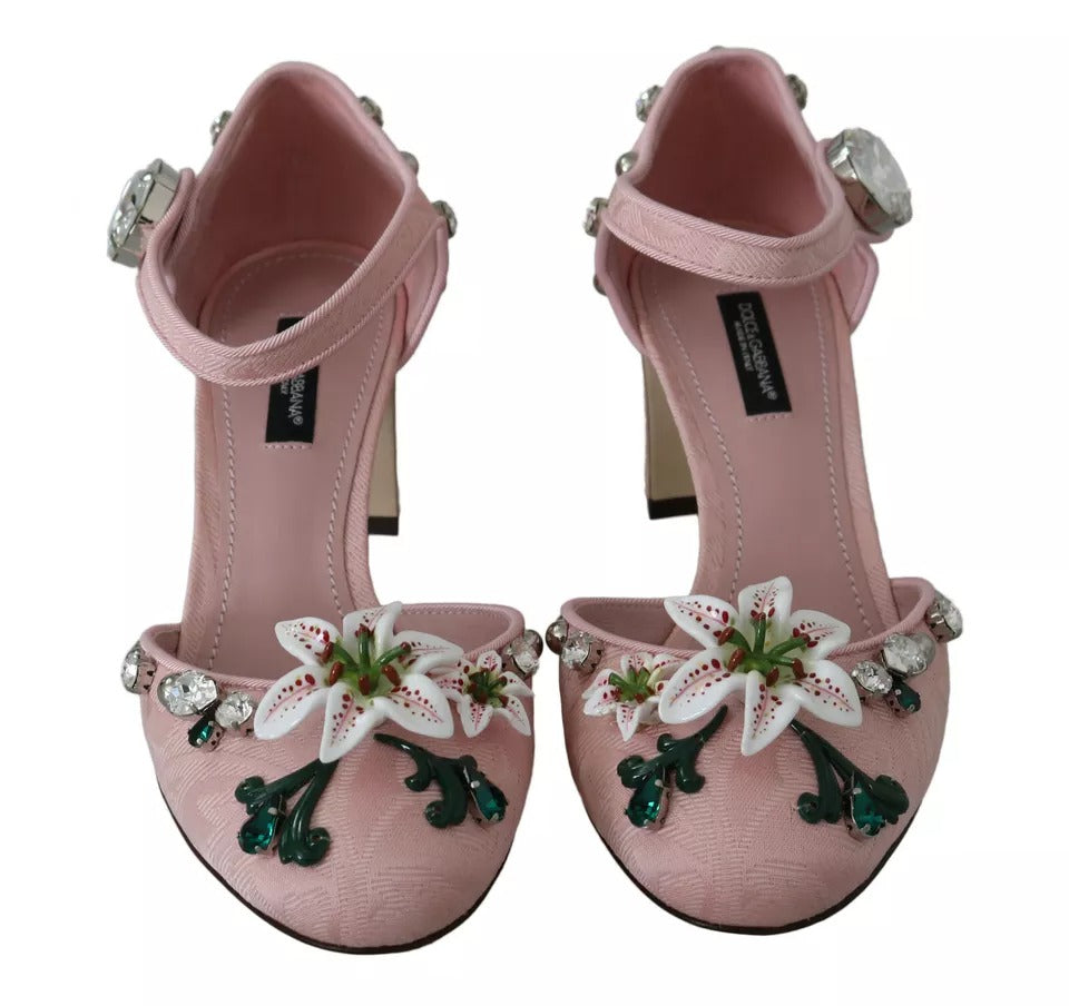 Pink Brocade Crystal Lily Ankle Strap Shoes