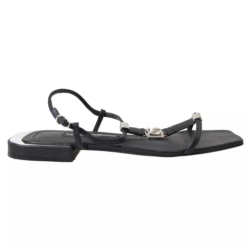 Black Leather DG Logo Flats Sandals Shoes