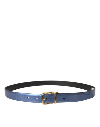 Metallic Blue Leather Gold Metal Buckle Belt