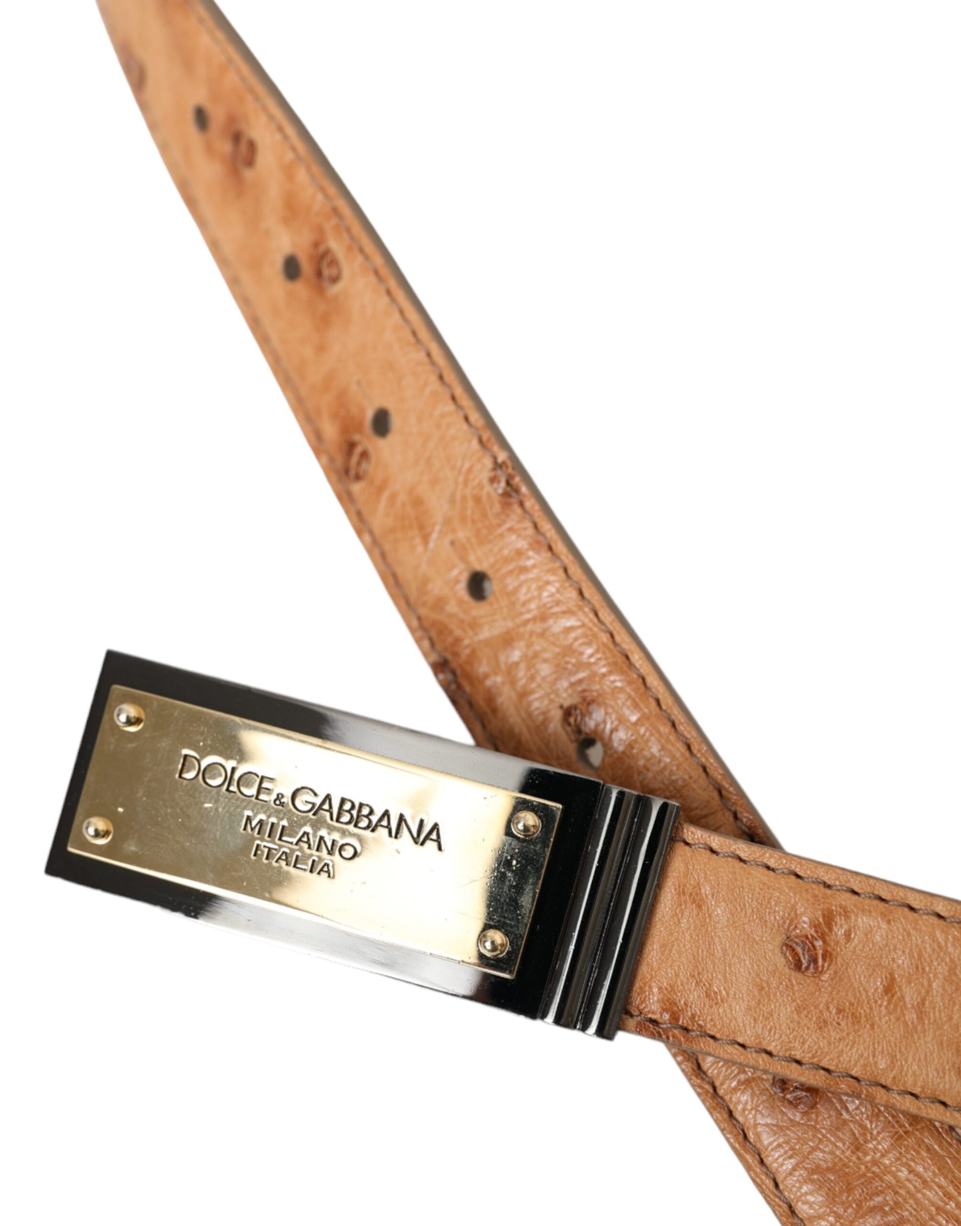 Beige Leather Gold Logo Engraved Buckle Belt