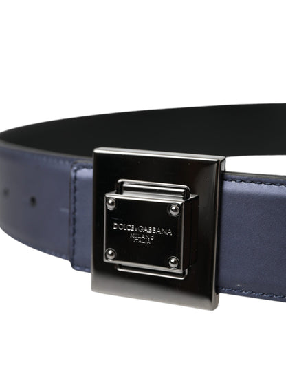 Blue Leather Square Metal Buckle Belt