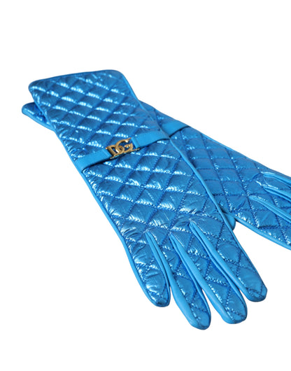 Blue Leather Quilted Mid Arm Length Gloves