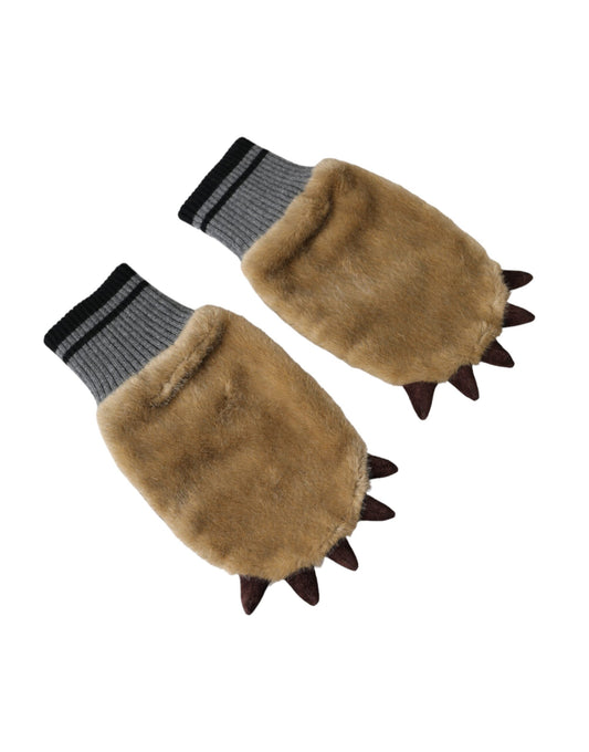 Beige Acrylic Knitted Fur Wrist Mitten Gloves