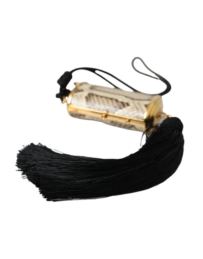 Beige Exotic Leather Mini Mirror Tassel Make Up Holder Bag