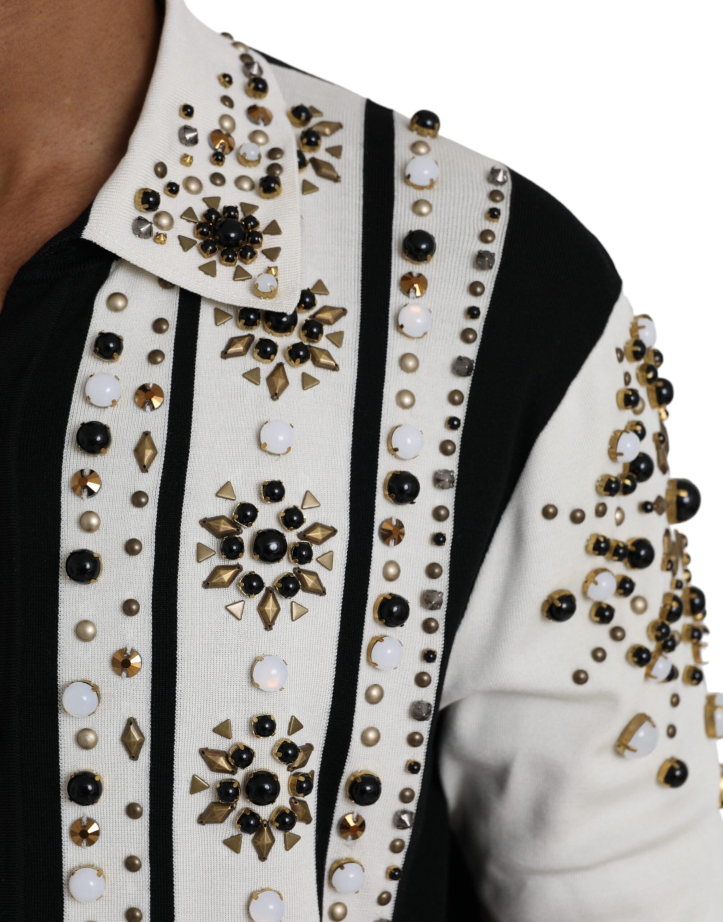 White Black Silk Studded Stone Crystal Shirt