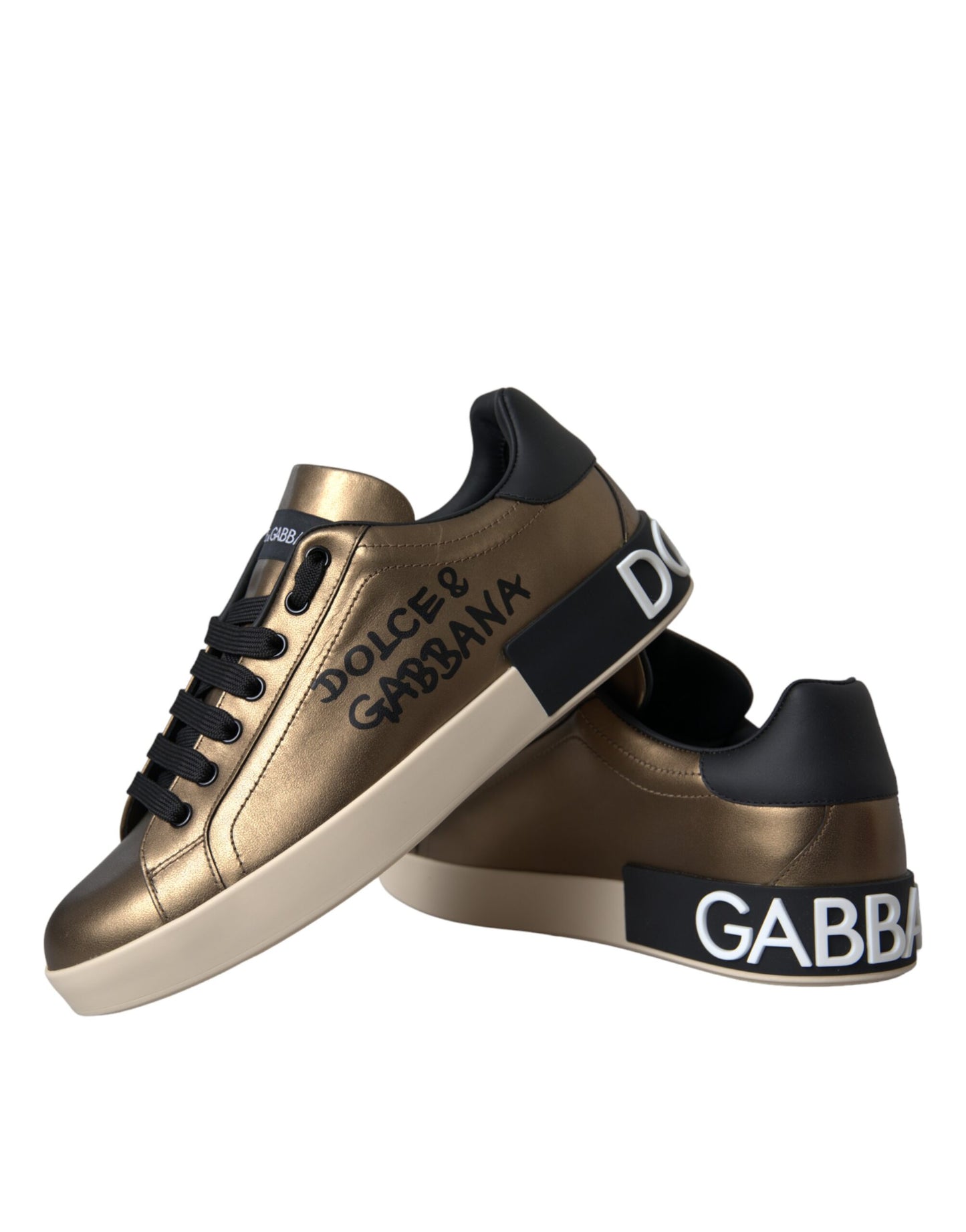 Gold Black Portofino Calf Leather Sneakers Shoes