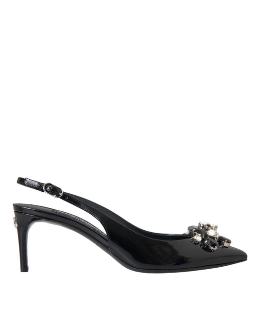 Black Patent Leather Crystal Slingback Shoes