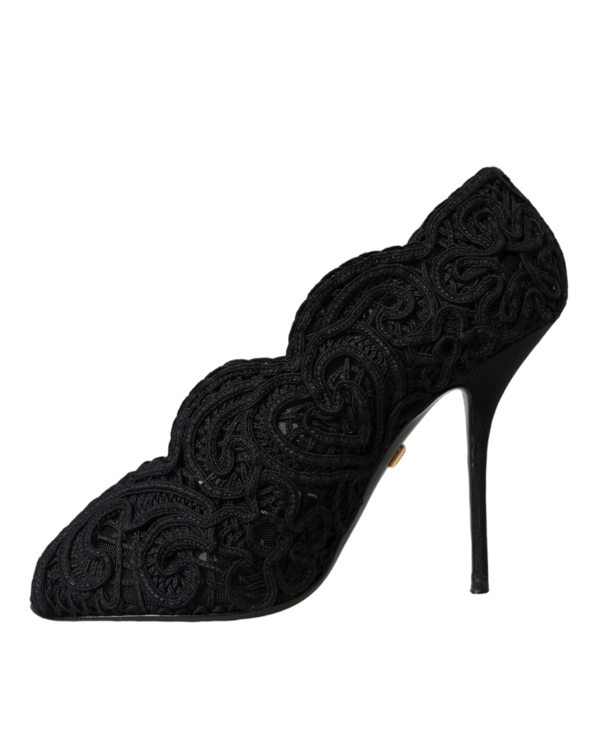 Black Cordonetto Ricamo Pump Open Toe Shoes