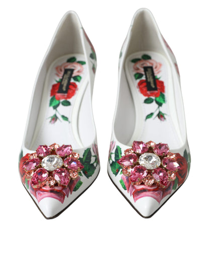 White Leather Roses Crystal Bellucci Pumps Shoes