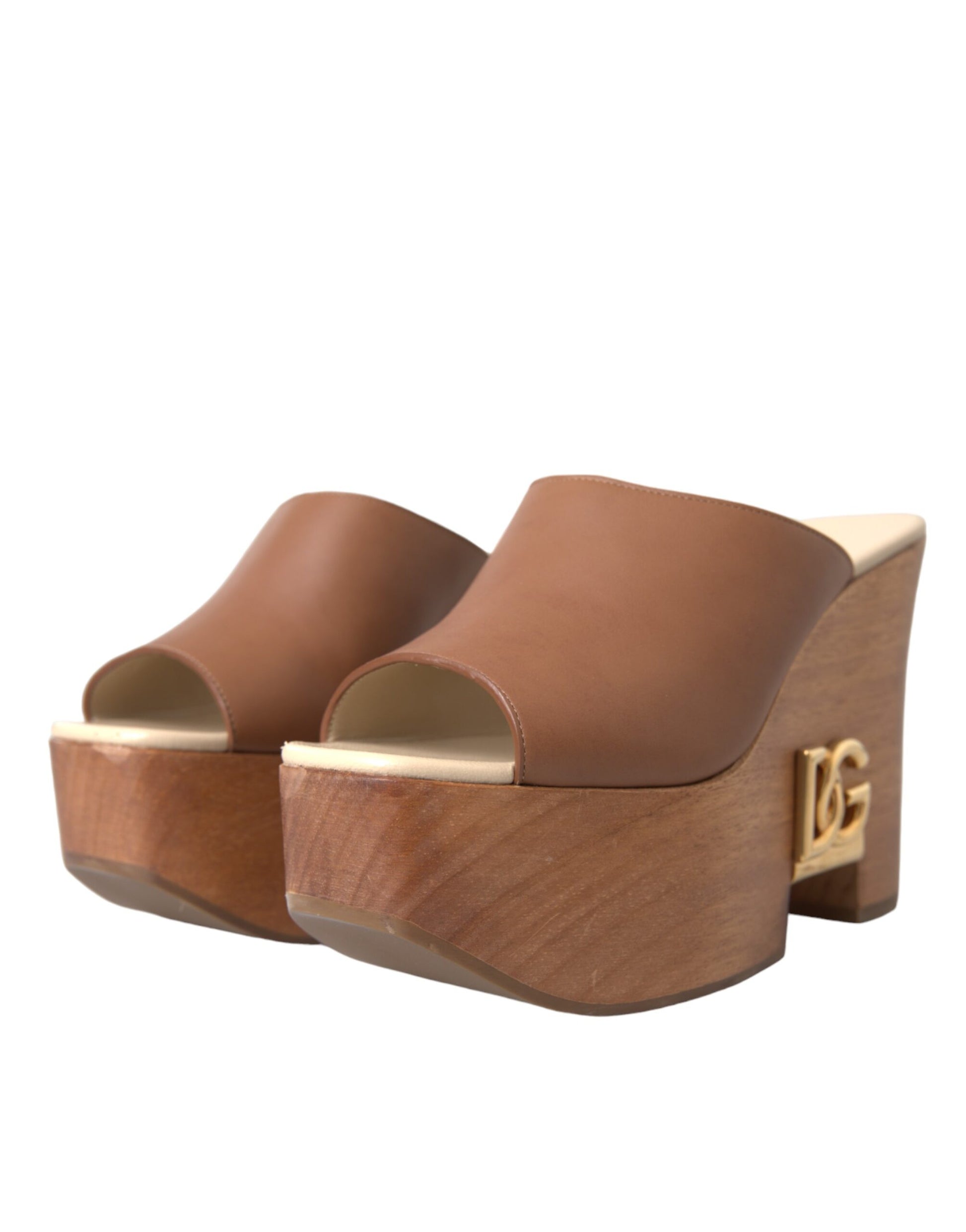 Brown Leather Wood Mules Wedge Slides Shoes