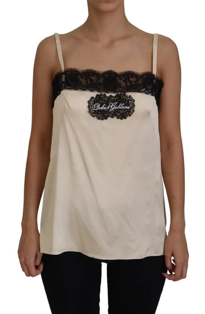 Beige Lace Spaghetti Logo Embroidery Top