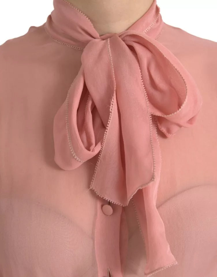 Pink Long Sleeves Ascot Collar Top Blouse