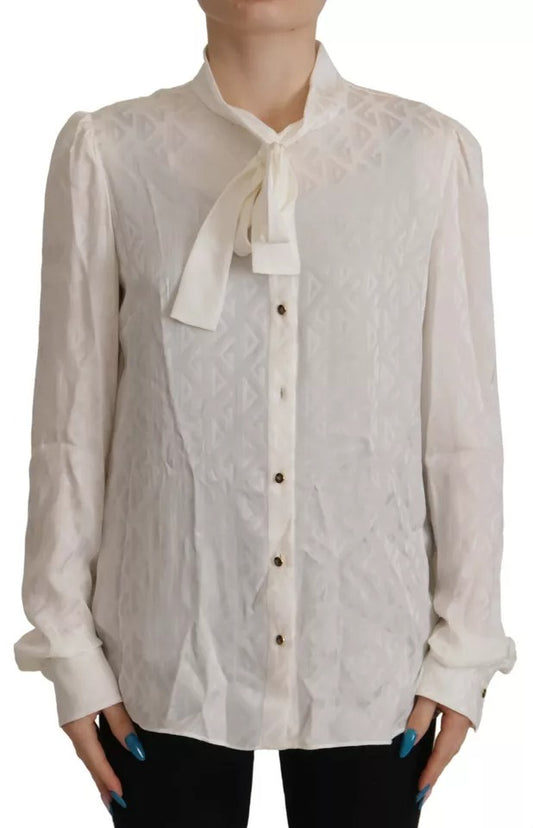 White Patterned Silk Ascot Collar Blouse Top