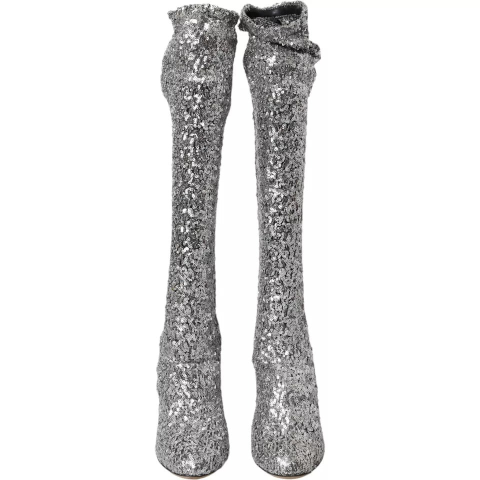 Silver Sequined High Boots Stretch Shoes